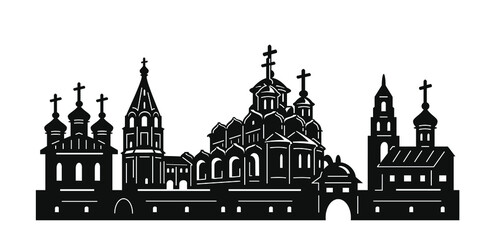 Black and white image. The silhouette of ancient cities.
 Drawing for stencil, printing, laser cutting.