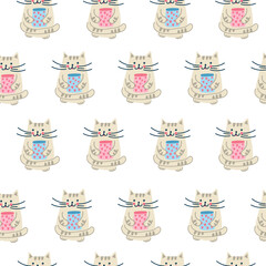 Cute cat pattern. Seamless background with a cartoon pet and a jar of hearts. Print for children's clothing, wallpaper, wrapping paper, scrapbooking in doodle style. Vector illustration, hand-drawn