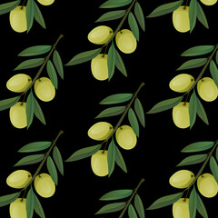 Naklejka premium Vector pattern with green olives on black background. 