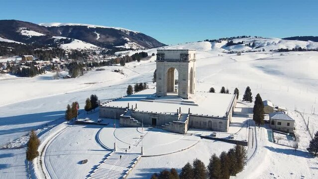 Asiago War Memorial with snow - Asiago, Vicenza, Veneto, Italy - Drone