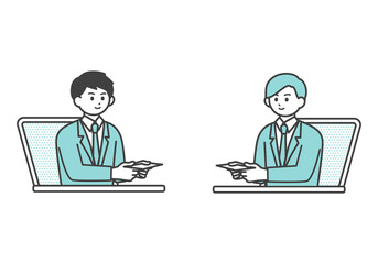 オンラインで名刺交換をする男性社員のイメージイラスト素材
