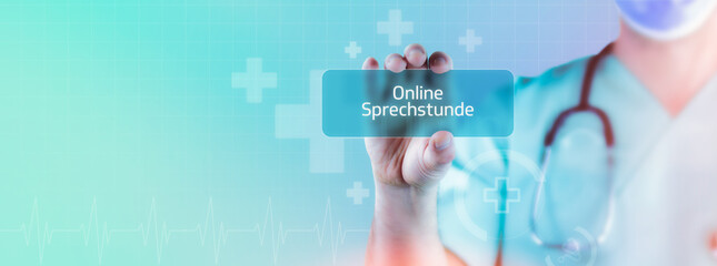 Online Sprechstunde Arztpraxis. Arzt hält virtuelle Karte in der Hand. Medizin digital