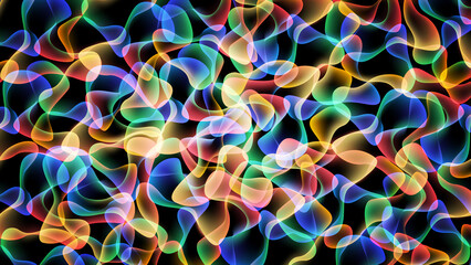 Abstract multicolored background of overlapping transparent amorphous figures with illumination on a black background. Vector illustration.