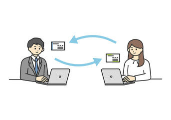 オンラインで名刺交換をする男性社員と女性社員のイメージイラスト素材