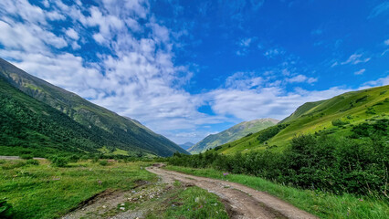 Fototapeta na wymiar A hiking trail in a valley in the Greater Caucasus Mountain Range in Georgia, Svaneti Region, Ushguli. The green hills are connected to the Shkhara Glacier. Highlands. Trekking from Ushguli to Mestia