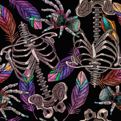 Embroidery skeleton, rib cage,  colorful feathers  and gothic spider. Halloween medieval seamless pattern. Dark art