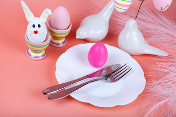 Easter table setting and dinner with  festive decorations