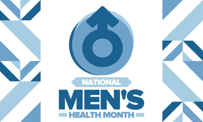 National Men's Health Month in June. Celebrated in United States. Educational program that teaches you how to work on your body. Healthy eating, exercise and disease prevention. Medical vector poster