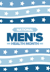 National Men's Health Month in June. Celebrated in United States. Educational program that teaches you how to work on your body. Healthy eating, exercise and disease prevention. Medical vector poster