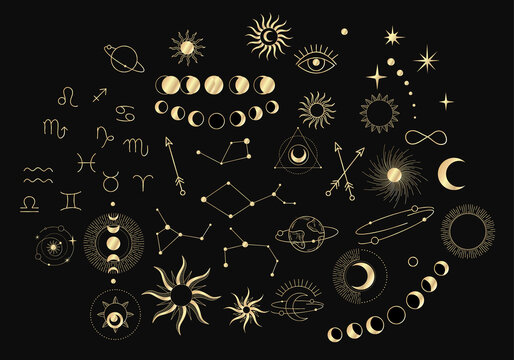 Set of celestial mystic esoteric magic elements sun moon and clouds Different stages of moon, zodiac Signs. Alchemy tattoo object logo template. Vector