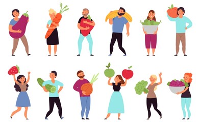 People with vegan food. Wellness nutrition, catering fruit and natural salad. Vegetarian life, person holding food. Local market characters, decent vector set - obrazy, fototapety, plakaty