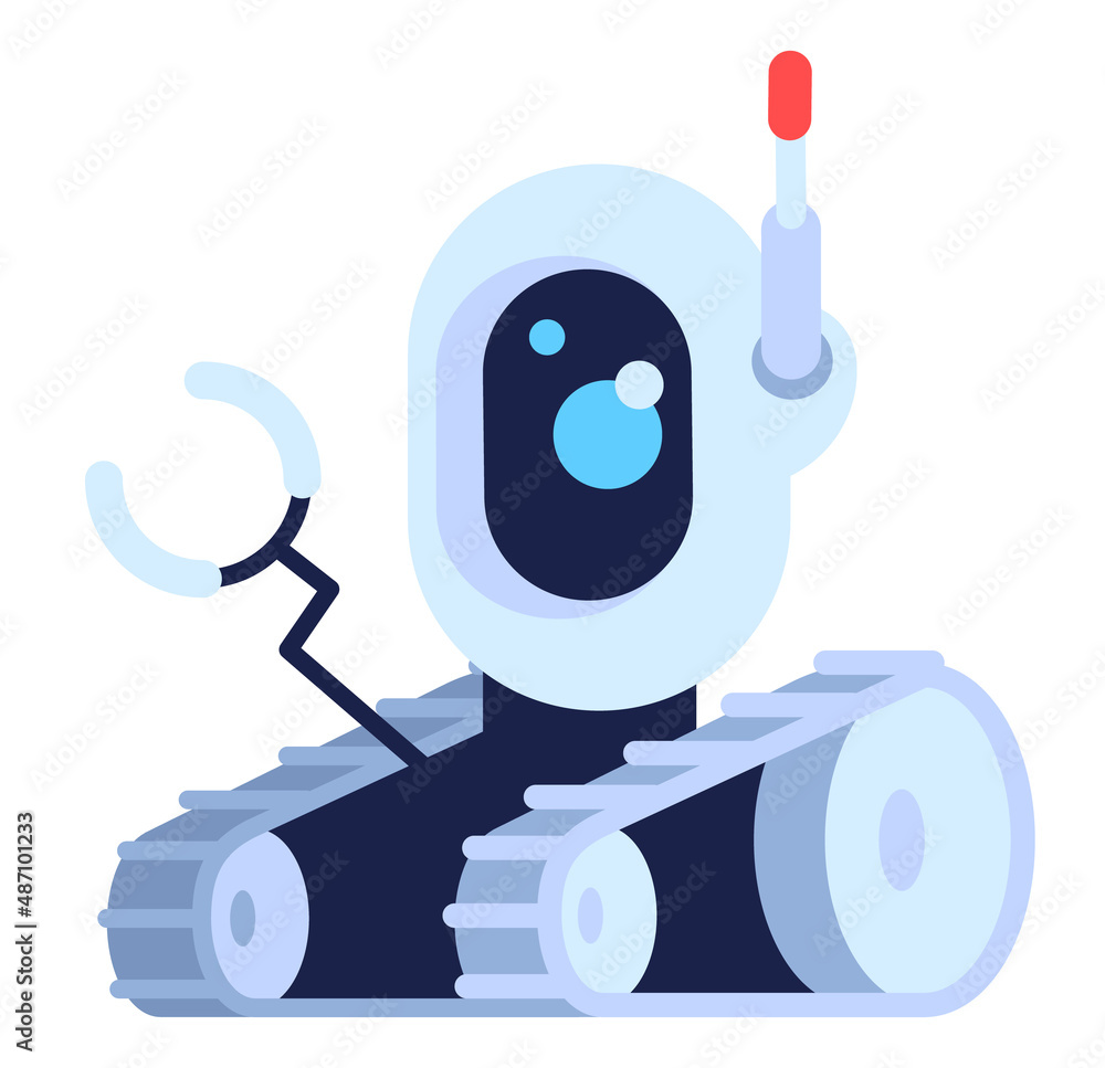 Poster technology for helping first responders semi flat rgb color vector illustration. robot construction.