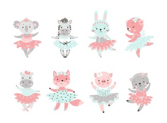 Ballet animal. Bear in tutu, baby rabbit ballerina. Cute fairy dance animals. Girls coala, fox and kitty dancing. Adorable cartoon nowaday vector clipart - obrazy, fototapety, plakaty