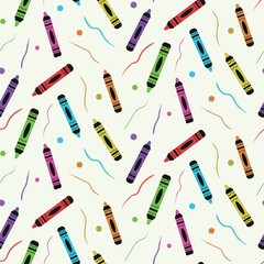 Obraz premium Cute colorful crayons seamless pattern with brush strokes and dots in green, blue, yellow, red, pink and purple. Great for school projects, stationary, posters, textile and gift wrapping paper