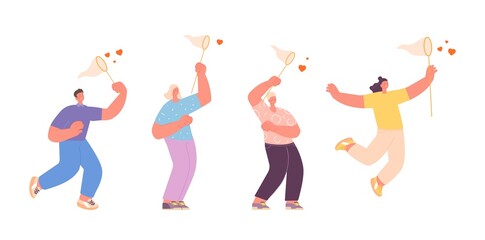 Catching hearts in net. People catch heart, happy woman and man find love and romantic feelings. Relationship, likes and adults games vector concept