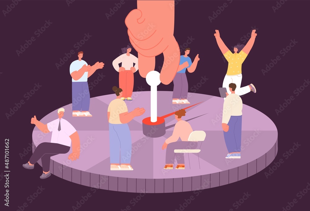 Sticker Giant hand launches roulette for choosing employee. Professional worker choose, HR recruitment concept. People stand on fortune wheel, lucky girl vector scene