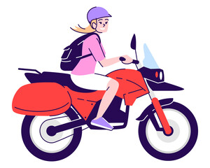 Fototapeta na wymiar Smiling girl riding motorcycle semi flat RGB color vector illustration. Sitting figure. Active lifestyle. Person using rental service for traveling isolated cartoon character on white background