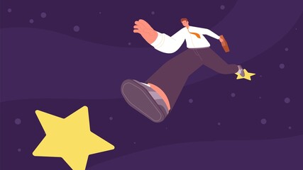 Fototapeta na wymiar Man jump from star to new star. Business people success, goals and targets. Succesful employee in suit, career develop, vector concept
