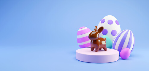 Easter banner with eggs and chocolate bunny on the podium. 3d Easter festive background.