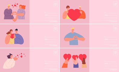 Romantic postcards templates. Donation or friendship, couple in love, Valentines day concept. People share hearts. Support and helping, letters cards with happy person vector set