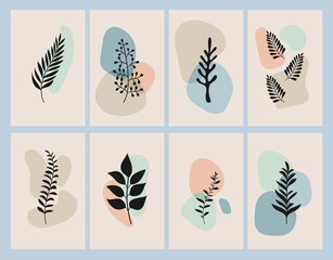 Simple wall posters with plants silhouettes. Abstract trendy modern cards with random liquid shapes. Bohemian design, decorative vector templates