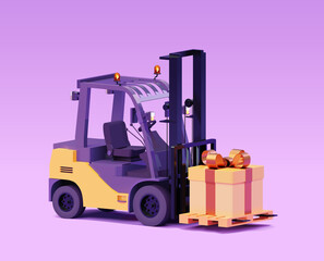 Vector forklift with gift box. Forklift and pallet loaded with gift box with golden ribbon. Illustration with purple background