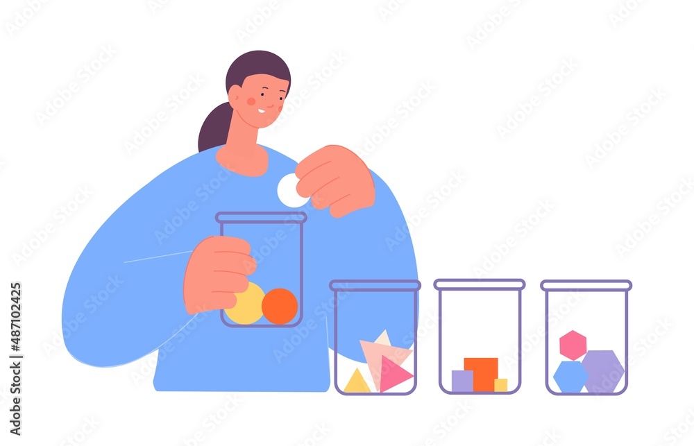 Poster woman do tasks distribution metaphor. sorting geometric figures in jars. successful self time manage