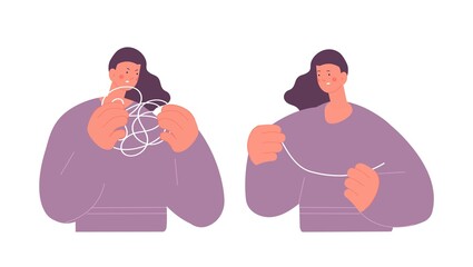 Woman unravels puzzle. Tangled mind, mental problems solution. Angry adult with tangle and happy with simple line, mindfulness self care, vector concept