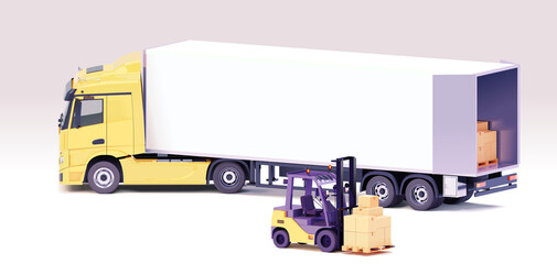 Vector forklift loading semi-truck trailer. Yellow forklift loading pallets with cardboard boxes into trailer of the truck © Taras Livyy
