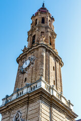Fototapeta na wymiar Exterior of the clock tower of Cathedral of the Savior of Zaragoza, Aragon, Spain, Europe