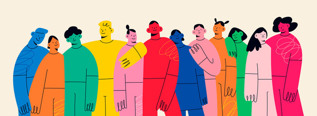 Group of abstract diverse people. Friends or coworkers are standing, hugging, posing together. Cartoon characters. Teamwork, togetherness, friendship concept. Hand drawn colorful Vector illustration