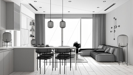 Unfinished project, living room with kitchen in minimalist apartment, sofa with table, kitchen with island and dining table, armchairs. Big panoramic window, interior design idea