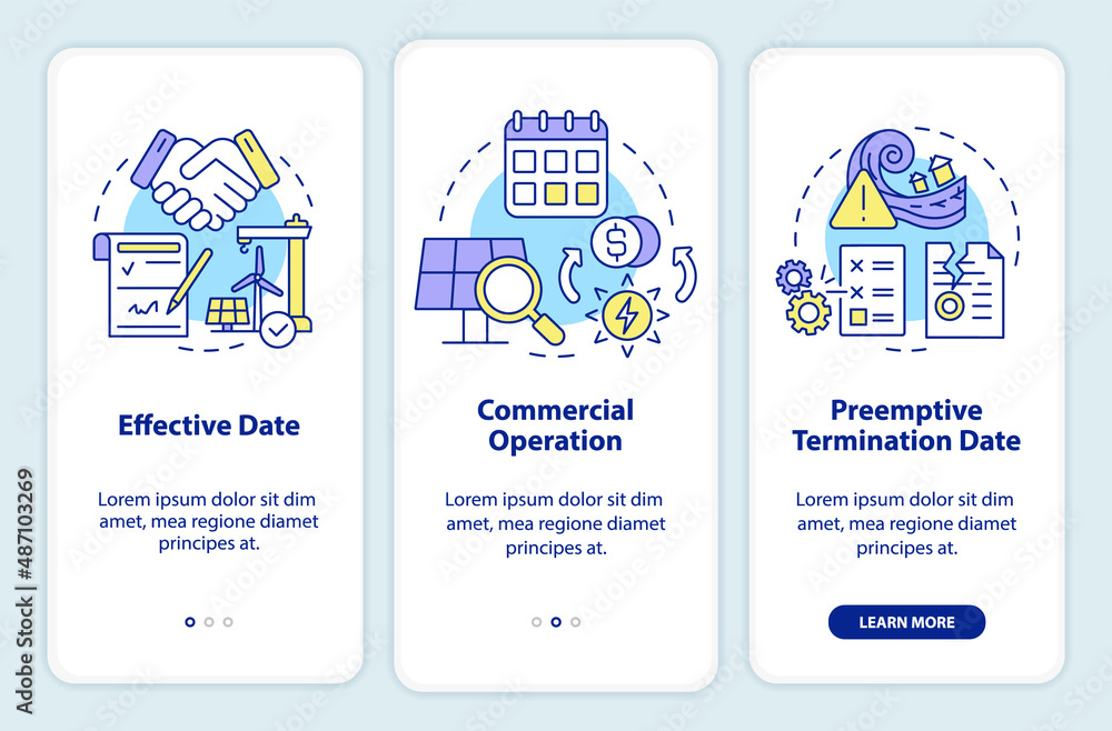 Aufkleber contract timeline of ppa onboarding mobile app screen. electricity walkthrough 3 steps graphic instr