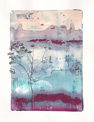 Cool winter landscape painting, monoprint, with cold colors, white and blue, mountains