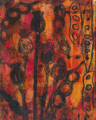 Abstract textured poppies and seedpods background, monoprint, orange, yellow and red, warm colors