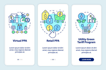 Types of PPA onboarding mobile app screen. Agreement definitions walkthrough 3 steps graphic instructions pages with linear concepts. UI, UX, GUI template. Myriad Pro-Bold, Regular fonts used