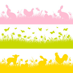3 Osterbanner verschiedene Tiere Wiese Pink/Grün/Gelb