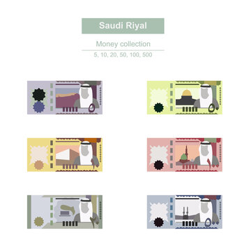Saudi Riyal Vector Illustration. Saudi Arabia money set bundle banknotes. Paper money 5, 10, 20, 50, 100, 500 SAR. Flat style. Isolated on white background. Simple minimal design.
