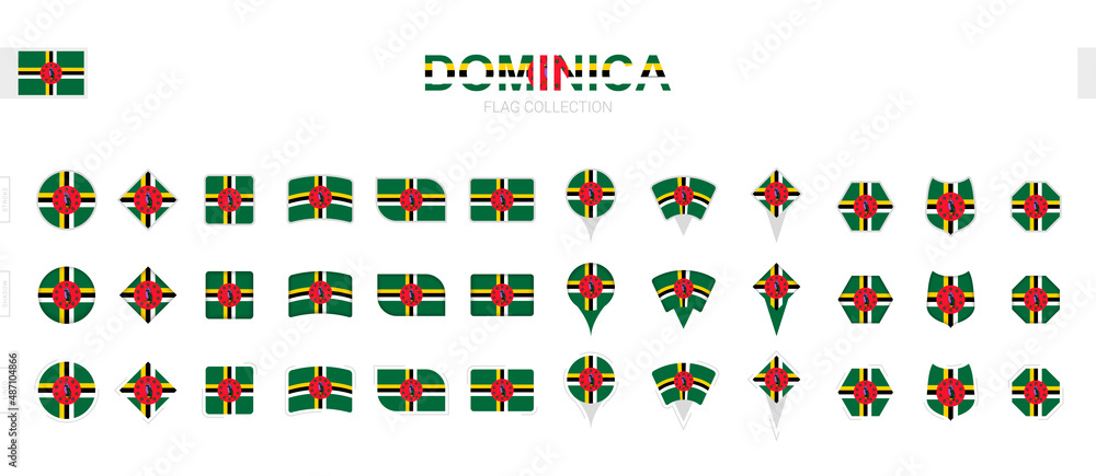 Poster Large collection of Dominica flags of various shapes and effects.