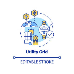 Naklejka premium Utility grid concept icon. Solar energy system. Power purchase agreements abstract idea thin line illustration. Isolated outline drawing. Editable stroke. Arial, Myriad Pro-Bold fonts used