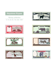 Nepalese Rupee Vector Illustration. Nepal money set bundle banknotes. Paper money 5, 10, 20, 50, 100, 500, 1000 NPR. Flat style. Isolated on white background. Simple minimal design.