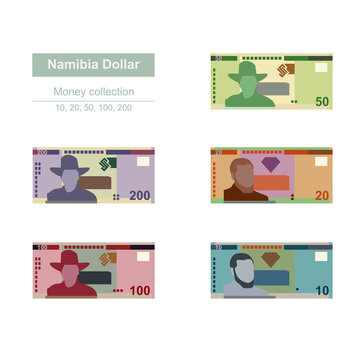 Namibian Dollar Vector Illustration. Namibia money set bundle banknotes. Paper money 10, 20, 50, 100, 200 NAD. Flat style. Isolated on white background. Simple minimal design.