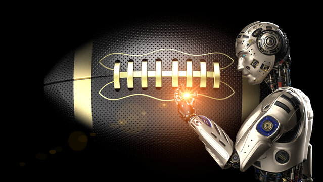 Detailed appearance of the Champagne Gold AI Robot and Gold-Black American Foot Ball with orange flash flare light. Concept image of sports technology. 3D CG. 3D high quality rendering.