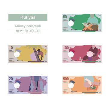 Maldivian Rufiyaa Vector Illustration. Maldives money set bundle banknotes. Paper money 10, 20, 50, 100, 500 MVR. Flat style. Isolated on white background. Simple minimal design.