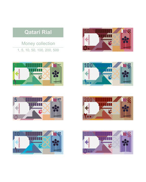 Qatari Rial Vector Illustration. Qatar money set bundle banknotes. Paper money 1, 5, 10, 50, 100, 200, 500 QAR. Flat style. Isolated on white background. Simple minimal design.