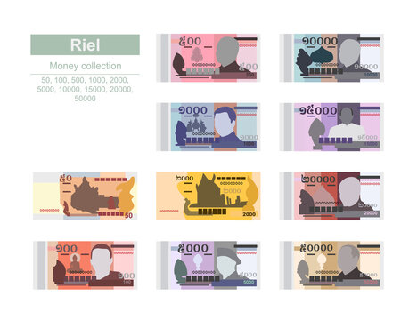 Cambodian Riel Vector Illustration. Cambodia money set bundle banknotes. Paper money 50, 100, 500, 1000, 2000, 5000, 10000, 15000, 20000, 50000 KHR. Flat style. Isolated on white background. 