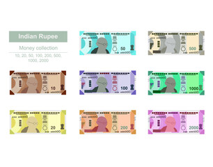 Indian Rupee Vector Illustration. India, Bhutan money set bundle banknotes. Paper money 10, 20, 50, 100, 200, 500, 1000, 2000 INR. Flat style. Isolated on white background. Simple minimal design.