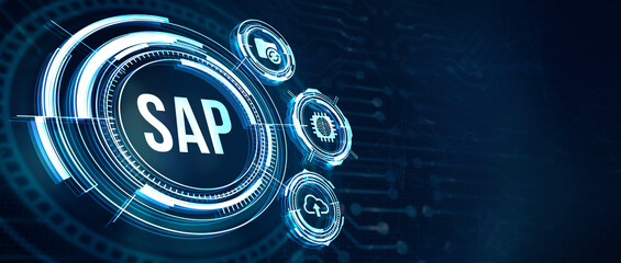 Internet, business, Technology and network concept. SAP System Software Automation concept on virtual screen data center. 3d illustration.