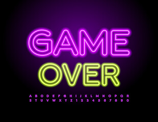 Vector colorful Emblem Game Over. Modern Glowing Font. Neon  Alphabet Letters and Numbers set