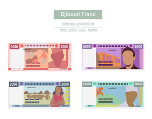 Djibouti Franc Vector Illustration. East African money set bundle banknotes. Paper money 1000, 2000, 5000, 10000 DJF. Flat style. Isolated on white background. Simple minimal design.